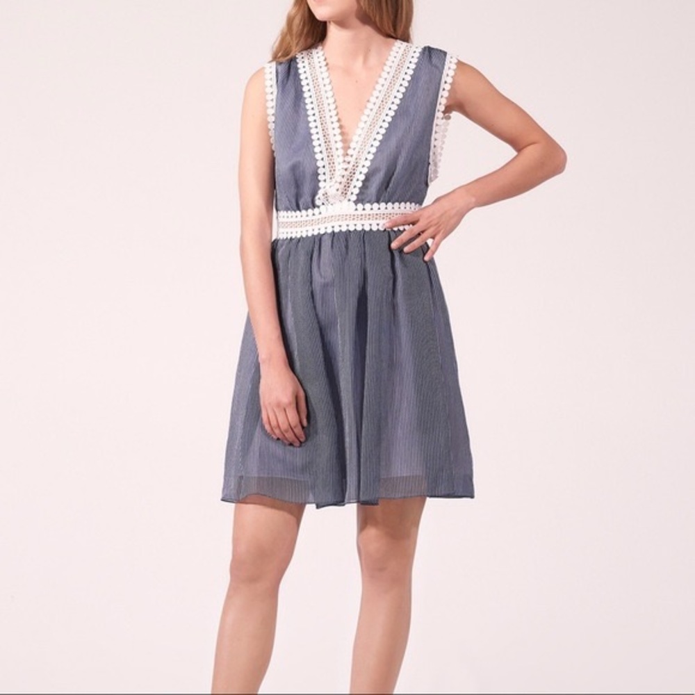 Sandro Paris Dress | Navy & White pin striped w/ lace trim